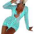 thumbnail image 1 of Conjunto de Bikini para mujer, traje de baño elegante de 2 piezas para playa, traje de baño de malla transparente, prendas de vestir de manga larga, rayas verdes lago XL, 1 of 6