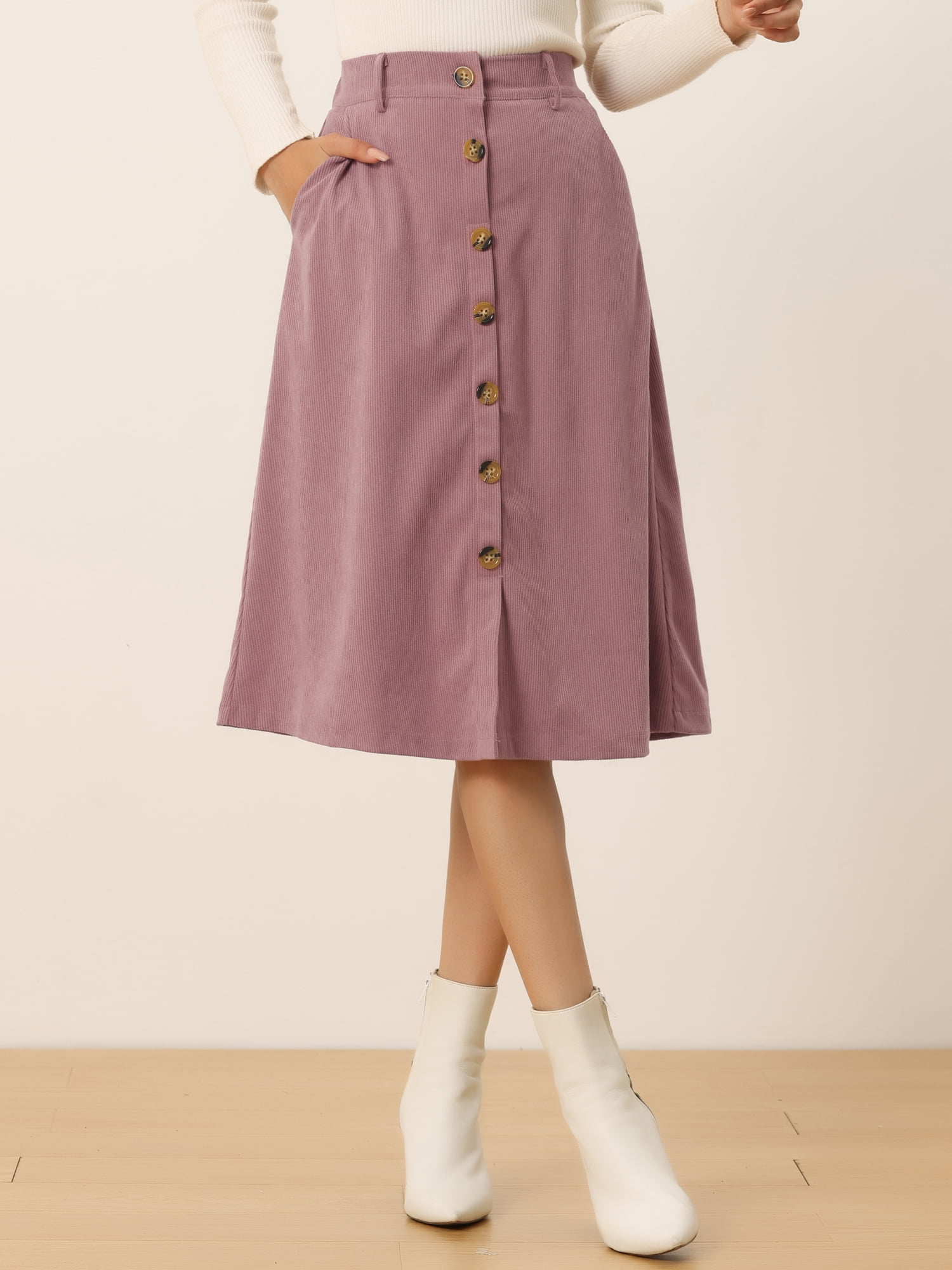 DARING DIVA Women's A-Line Button Front Belted Midi Skirts L Pink