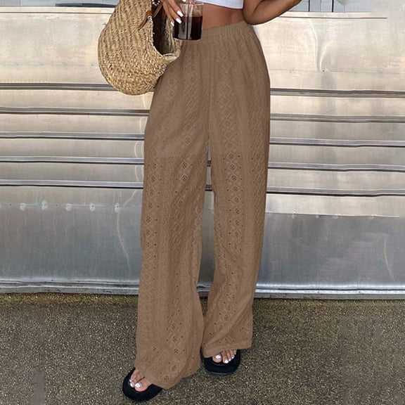 CCRFTGI Sweatpants Women Wide-Leg Baggy Casual Palazzo Pants Loose Fit Elastic Waist Embroidery Lace Trousers Trendy Fall Winter Sweatpants with Pockets Camel XL