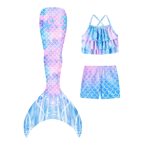 CARETOO 3Pcs Girls Swimsuits Mermaid Tail Suits Kids Multi Ruffled Trim Halter Mermaid Tail Swimsuit Colorful Fish Scale Pattern Costume Set Swimwear 4-10 Years