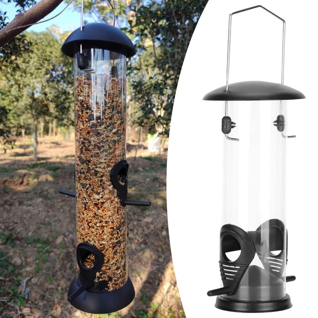 Comedero colgante para pájaros al aire libre, tubo de alimentación colgante de plástico de 2 puertos para pájaros pequeños, a prueba de viento