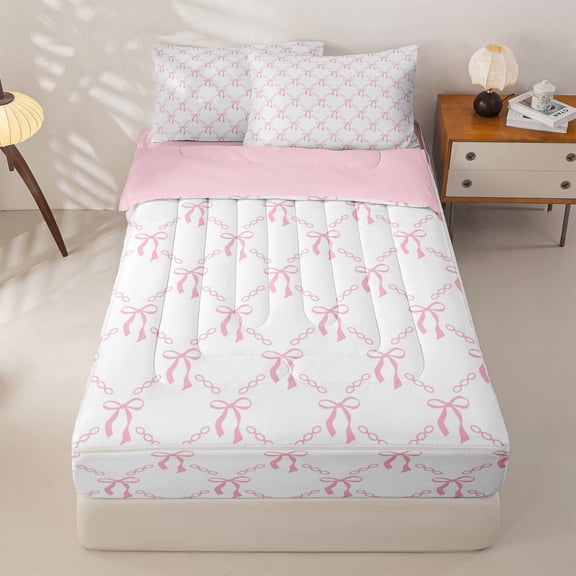Homewish Girly Pink Bowknot Zipper Twin Comforter Sets with Fitted Sheet and 2 Pillowcases For Girls,Cute Bows Kawaii Stars Zipper Bedding Set,Lightpink White,Reversible,4-Piece