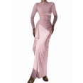 thumbnail image 2 of Women'S Solid Color Long Sleeve Crew Neck Ruched Waist Flowy A Line High Low Midi Irregular Split Dress Pink L, 2 of 7