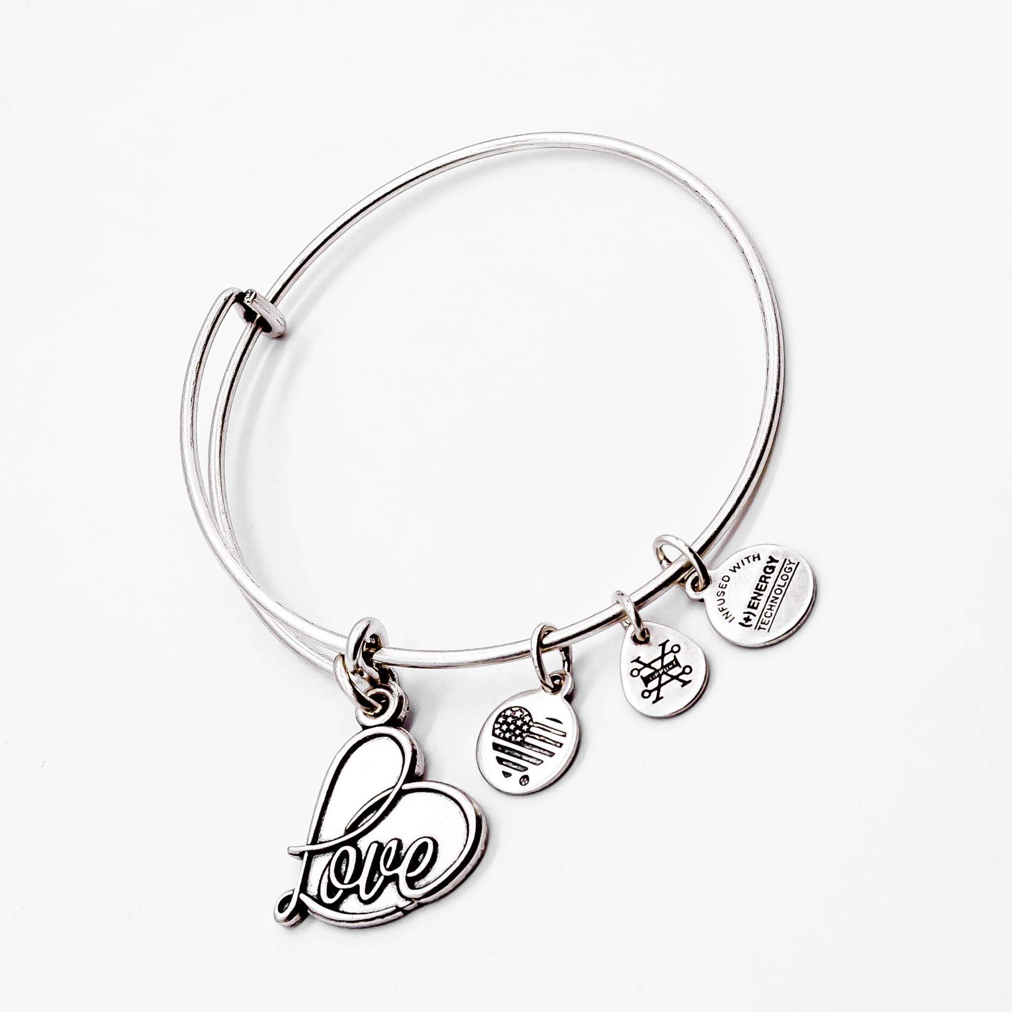 AUTHENTIC ALEX AND ANI SWEET LOVE HEART SET OF 3 SILVER EXPANDABLE CHARM BANGLE