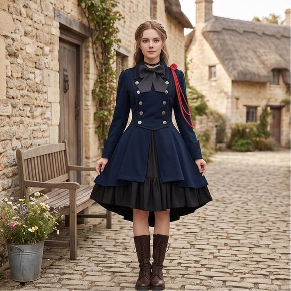 Victorian Tailcoat Jacket, Halloween Cosplay, Breasted Steampunk Gothic, Womens Gothic Dress With Vintage Bow Ruffle Steampunk Dresses Long Sleeve Short Renaissance Dress Cosplay, Dark Blue L