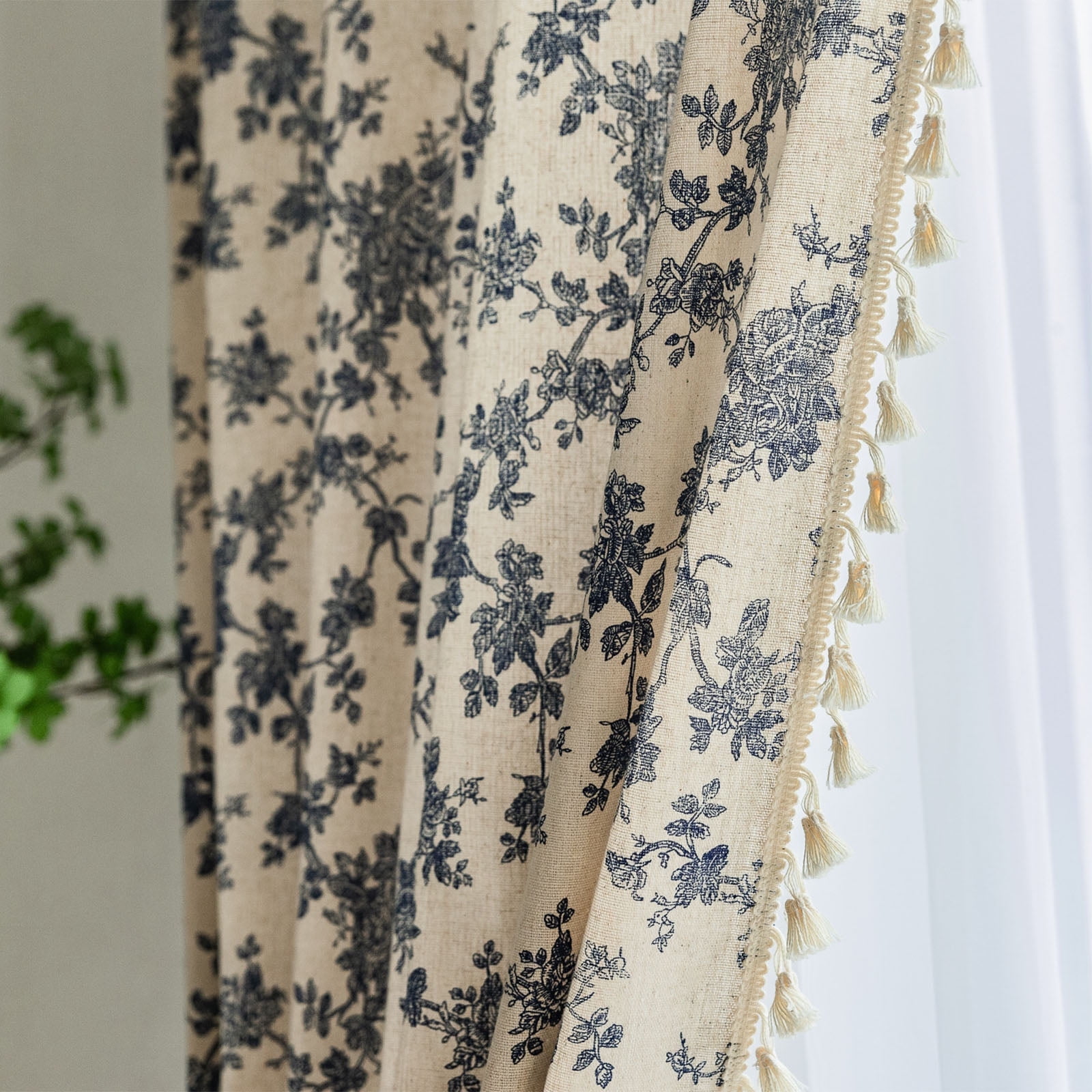NixiYa Rose flower Curtains for Living Room Rod Pocket Farmhouse Linen Curtains Light Filtering 52" x 63",1 Panel,Beige