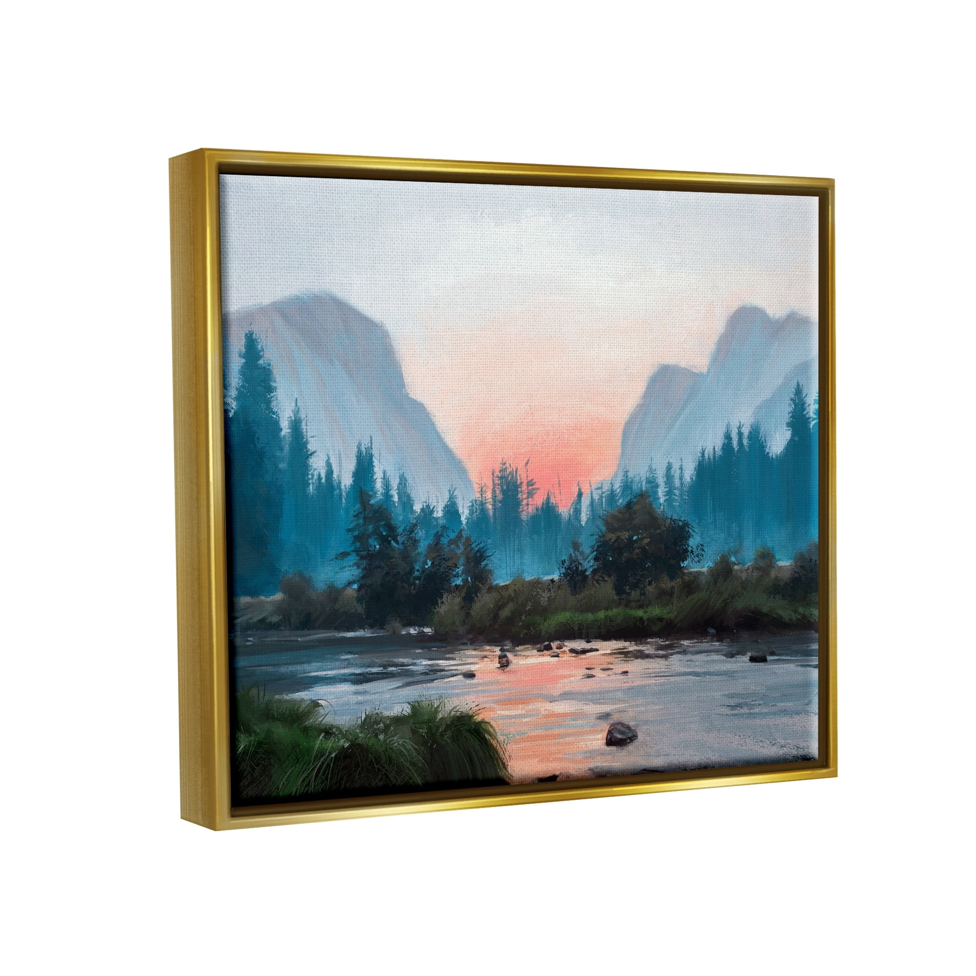Stupell Industries Mountain Valley Tranquil Sunset Lake Reflection Painting Metallic Gold Floating Framed Canvas Print Wall Art, Design by Ziwei Li