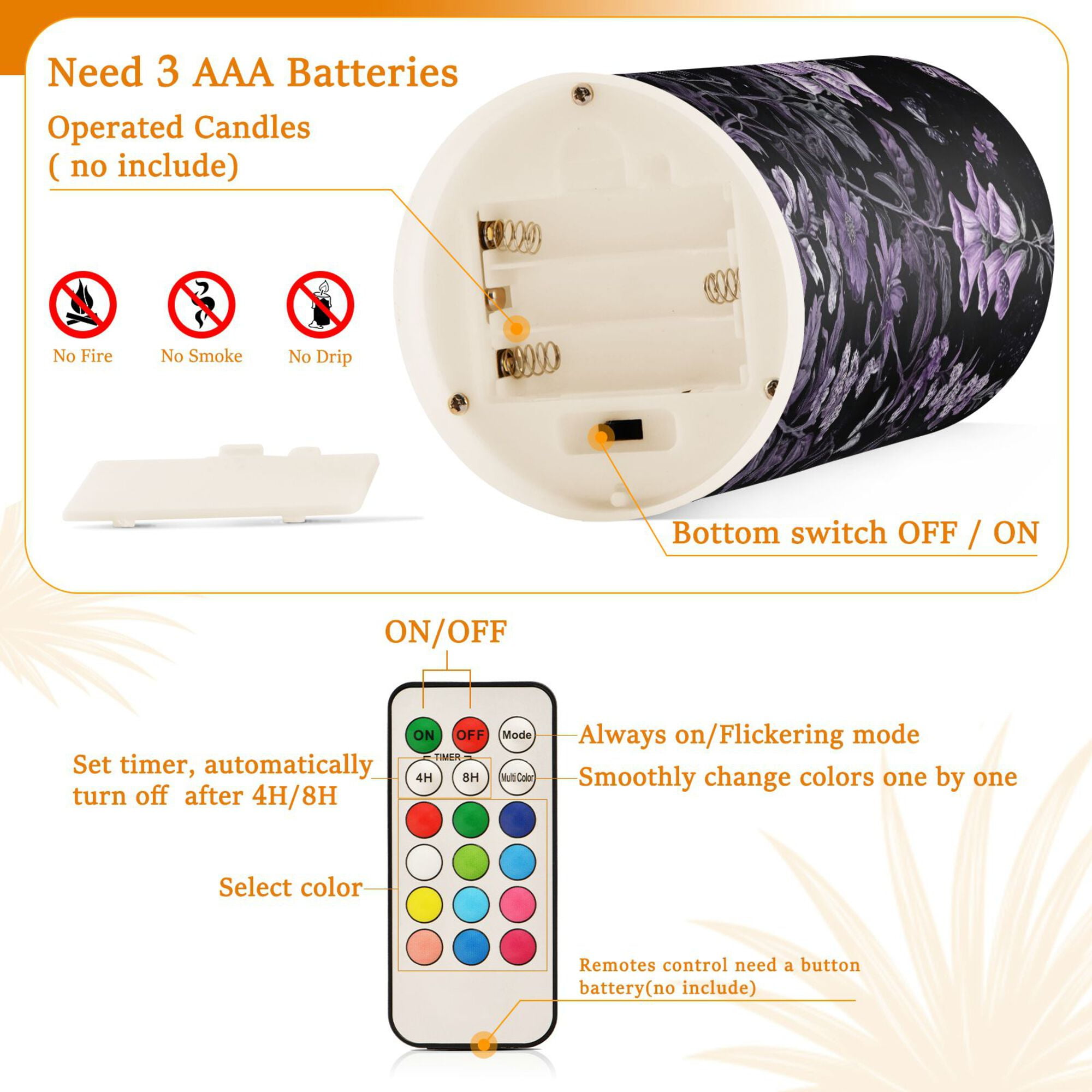 Yayeee Flameless Candles with Remote Flickering Battery Operated Multi Color Changing, Light Purple Flowers