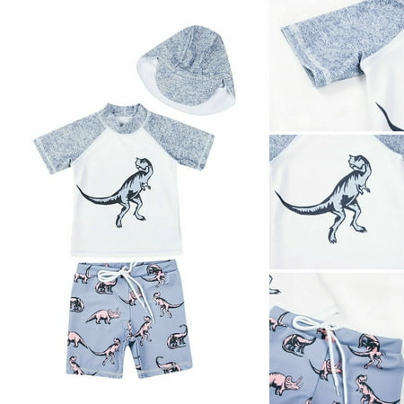 US Stock Baby Kids Boy Dinosaur Beach Swimwear Swimsuit Swimming Costume+Hat Set