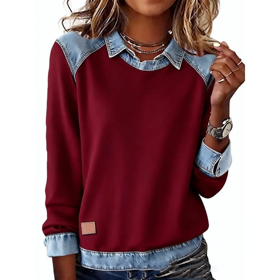 KDDYLITQ Denim Sweatshirt Women Button Up Oversized Pullover Lapel Collar Color Block Shirts Casual Dressy Loose Tops Red S