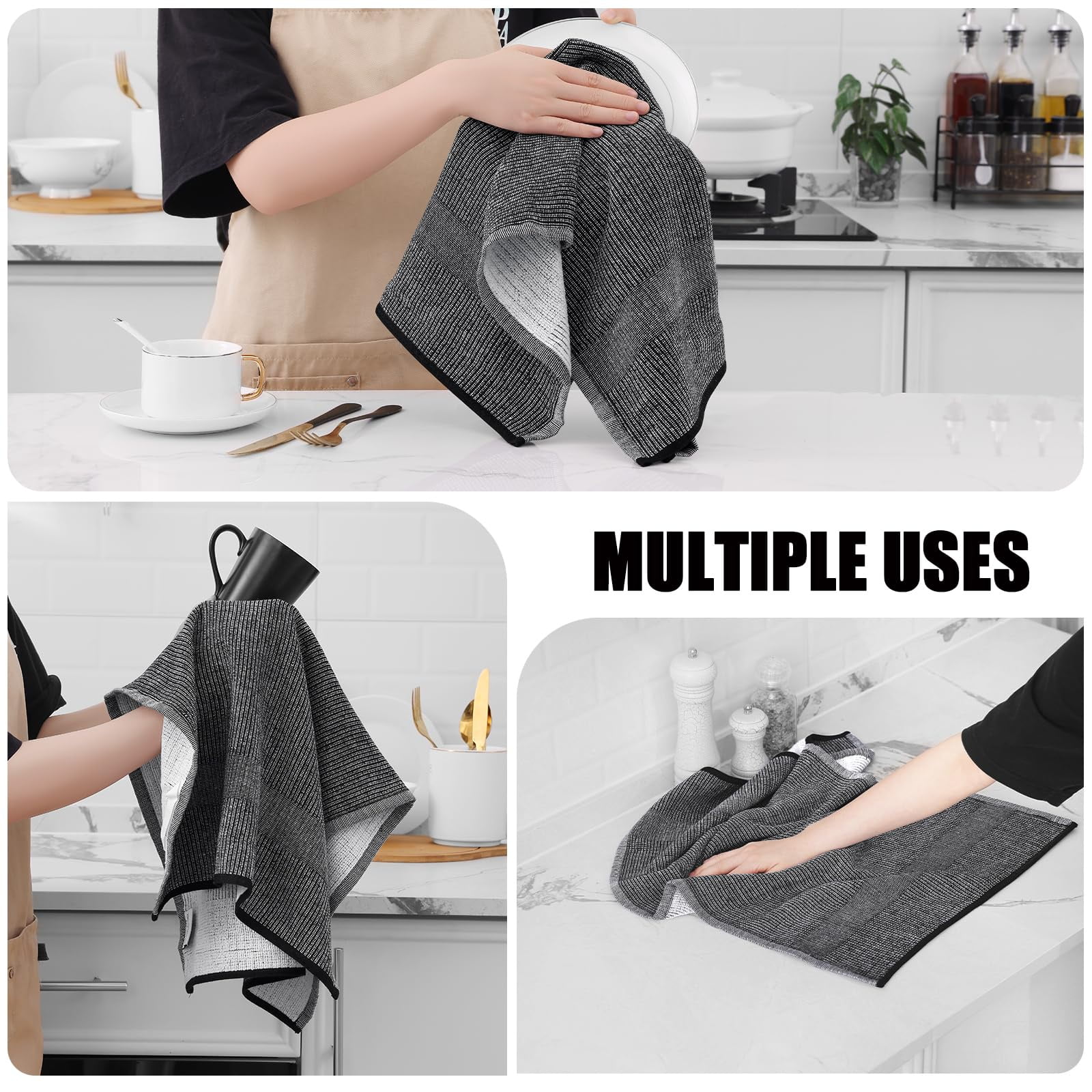 decorUhome Premium Kitchen Towels(18"x 28", 6 Pack), Large Cotton Kitchen Hand Towels, Black