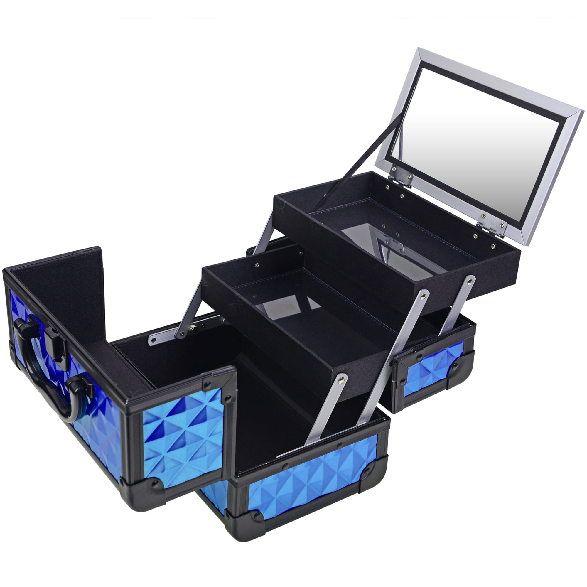 SHANY Chic Makeup Train Case Cosmetic Box Portable Makeup Case Cosmetics Beauty Organizer Jewelry storage with Locks , Multi trays Makeup Storage Box with Makeup Mirror - Peacock Blue