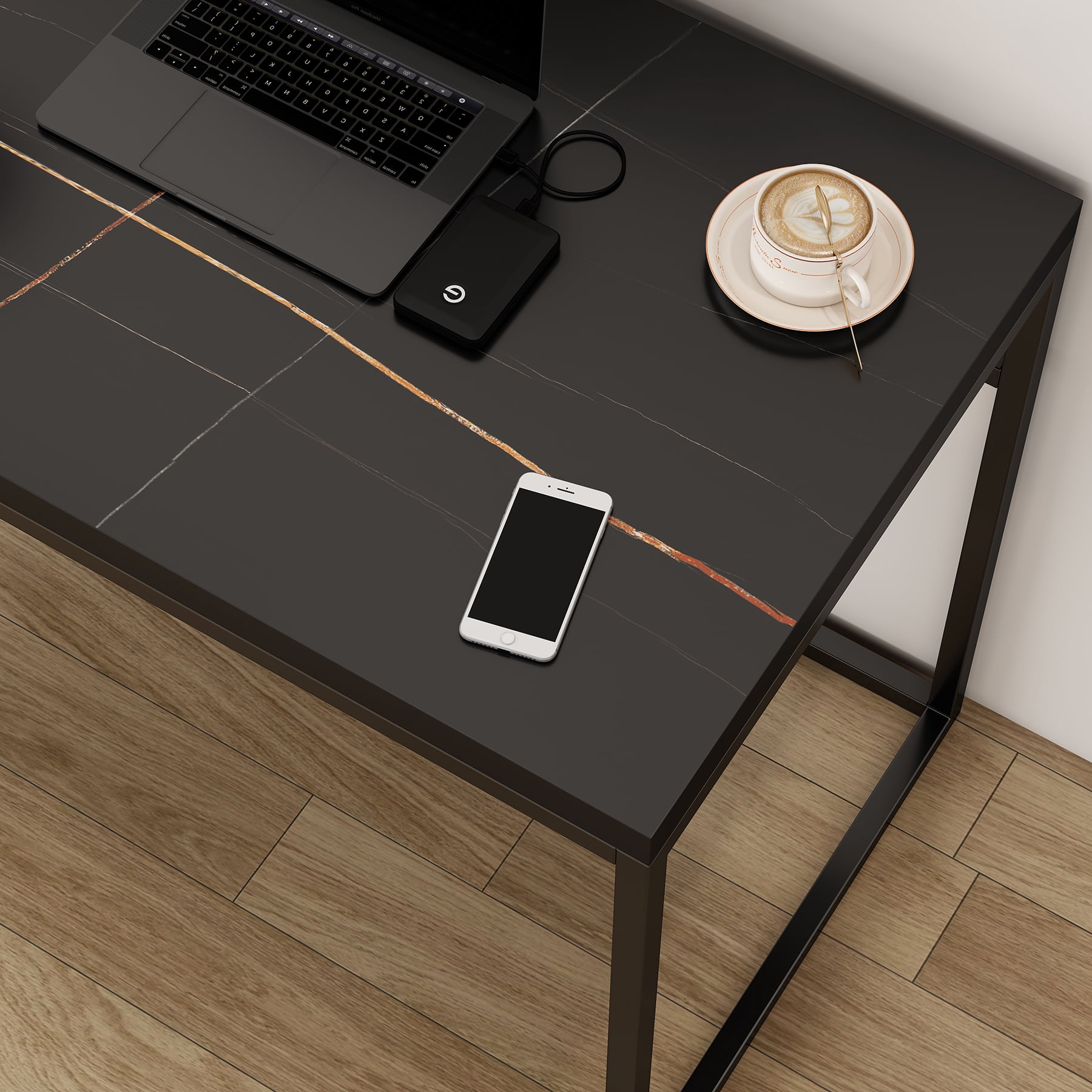 Censi Black Marble Writing Computer Desk, 47 Inch Home Office Desk, Wood and Metal, Modern Industrial Style (Black Marble)