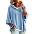 thumbnail image 2 of HaCpiu Women's Fine Knit Poncho Hooded Sweater, Solid Loose 3/4 Dolman Sleeve Pullover, Lightweight Boho Oversized Drawstring Sweatshirt, Sky Blue L, 2 of 6