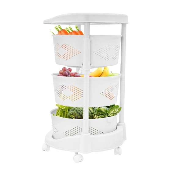 Kitchen Storage Cart 3 Tier Multi-Layer Storage Basket with Wheels Fruit Vegetable Storage Shelves Racks Rolling Storage Cart for Kitchen Living Room Bedroom, White
