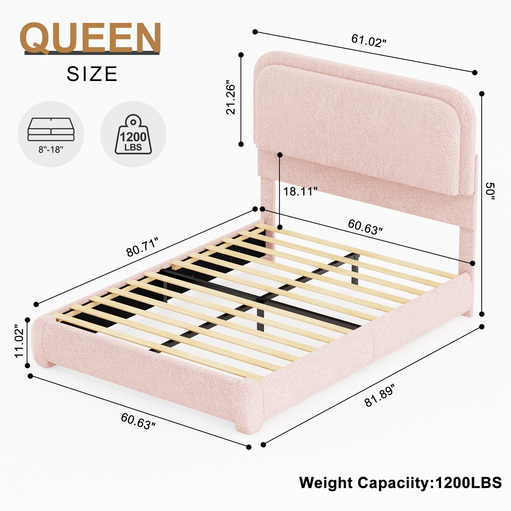 SIBEDS Queen LED Bed Frame, Teddy Fleece Upholstered Platform Bedframe, No Box Spring Needed, Pink