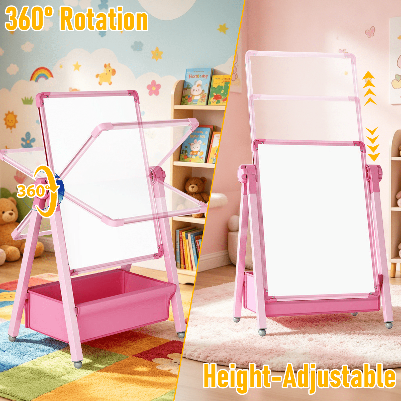 Art Easel for Kids, Double Sided Magnetic Kids Easel, Adjustable 360°Rotating Whiteboard & Chalkboard for Boys and Girls, Pink