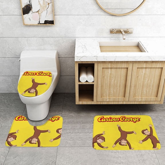 Bathroom Rugs Sets for Curious George 3 Piece Quick Dry & Non-Slip Bath Mat Set Toilet Lid Cover Floor Mat