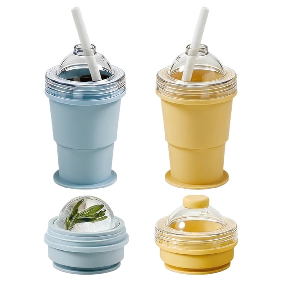 2-in-1 Silicone Ice Ball Maker Cup – 2pcs Reusable Ice Sphere Mold with Lid & Straw for Travel