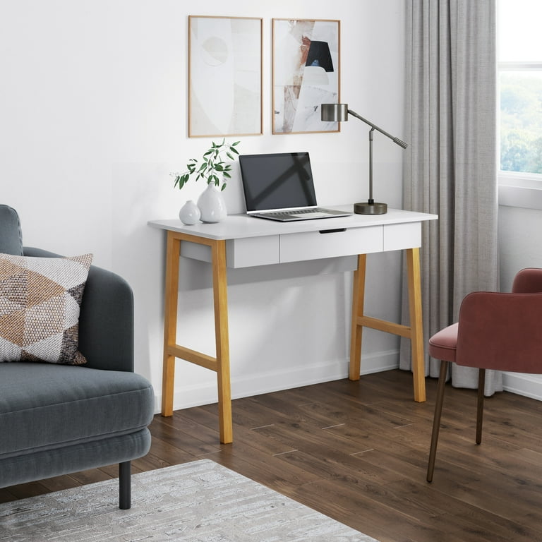 Nathan james telos home office computer desk with on sale drawer white modern finish and light wood legs