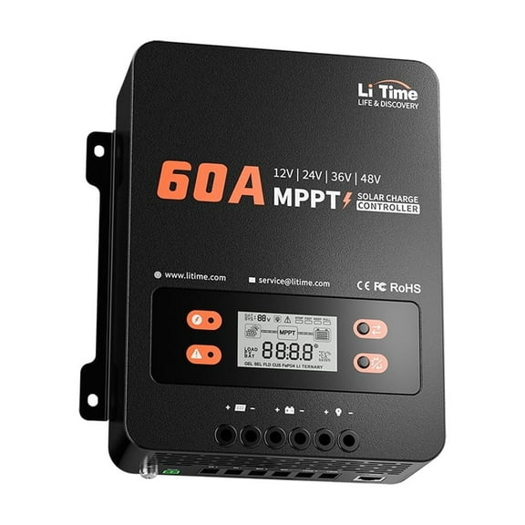 LiTime 60 Amp MPPT 12V/24V/36V/48V Auto Solar Charge Controller DC Input Parameter Adjustable LCD Display LED Indicators Solar Panel Regulator