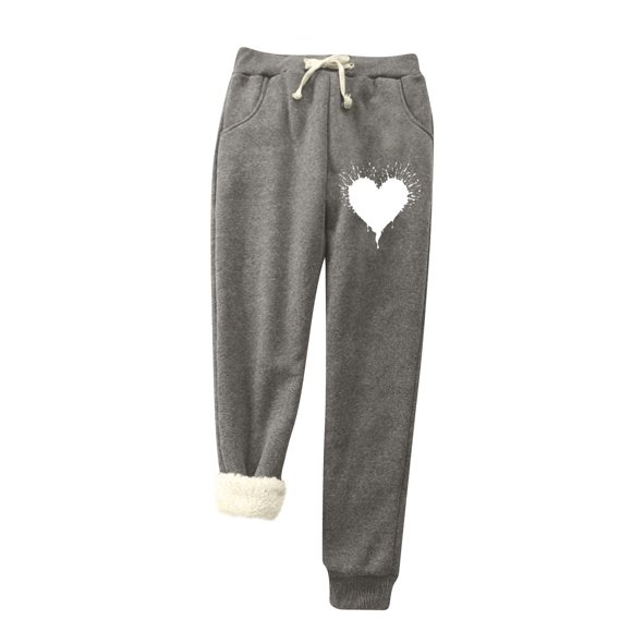 Virmaxy Warm Winter Fleece Pants for Women Valentine's Day Love Printed Thick Fleece Joggers Pants Winter Lounge Yoga Workout Running Pants with Pocket Gift for Girlfriend Gray-C M