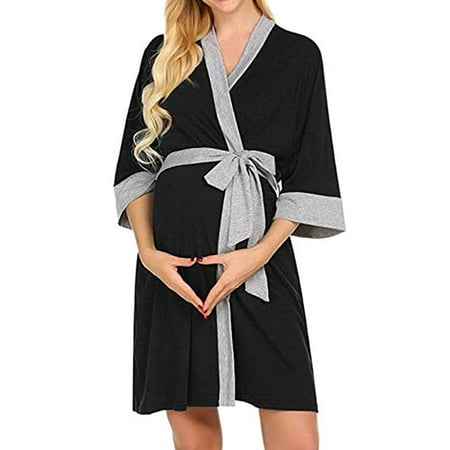 

Women Cross Over V Neck 3/4 Sleeves Colorblock Nightdress