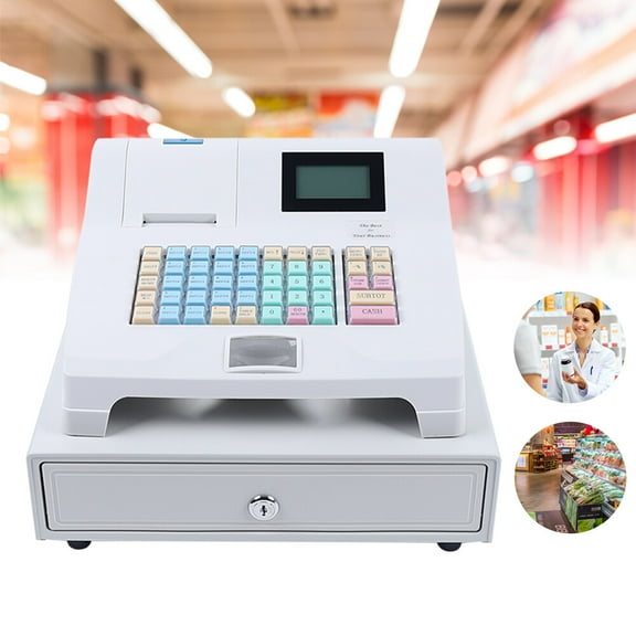 12V/3A White 48Key Desktop Electronic Cash Register POS Casher Digital LED Display with Drawer 15.27*13.18*8.26in for Retail and Restaurant Industries