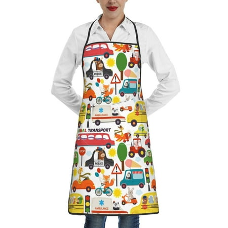 

Pofeuu Transports with Animals Print Aprons with Pockets Cute Aprons for Kitchen Cooking Server Barber Chef Apron