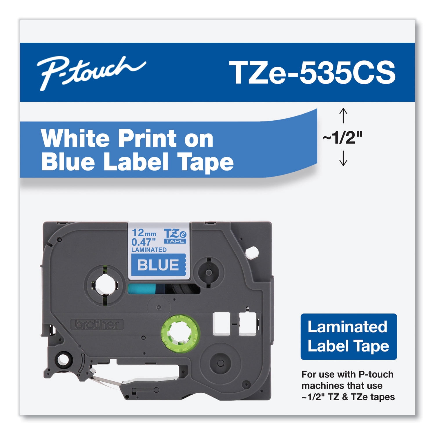 Brother Genuine P-touch, TZe-535CS, 0.47” x 26.2’, White on Blue Laminated Label Tape