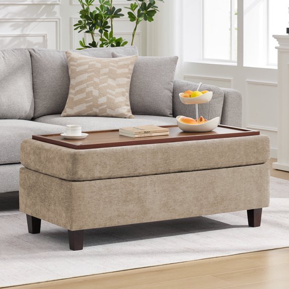 HASLE Storage Ottoman Bench with Wooden Tray, Upholstered Ottoman Coffee Table with Hidden Storage for Living Room Bedroom, Khaki