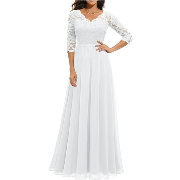 Meichang Chiffon Dresses for Women Trendy Lace 3/4 Sleeve V Neck Dress Tunic Vintage Floral Flared Swing Sundress Casual Solid Color Evening Party Sundresses