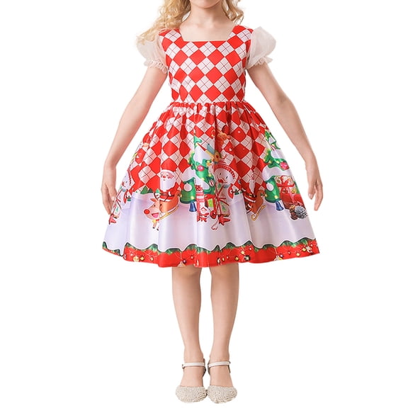 Toddler Kids Girls Christmas Short Sleeve Sleeveless Dress Fancy Christmas Festival Party Dress for 2-9Years Toddler Girls