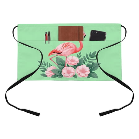 Flamingo Half Waist Apron Pink Flower Leafs Plants Watercolors Green Short Waiter Aprons with 3 Pockets for Women Men Kitchen Restaurant Cooking