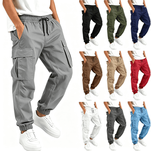 Spazoro Boys Cargo Jogger Pants with Multi‑Pockets, Elastic Waist Casual Drawstring Loose Fit Cuffed Ankle Utility Jogger Trousers Gray Size 9-10