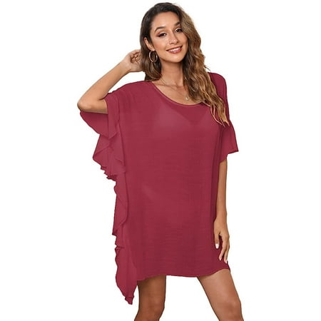 Kukuzhu Women Bathing Suit Cover Up Frill Beach Blouse Scalloped Dress See Through Bikini Swimsuit