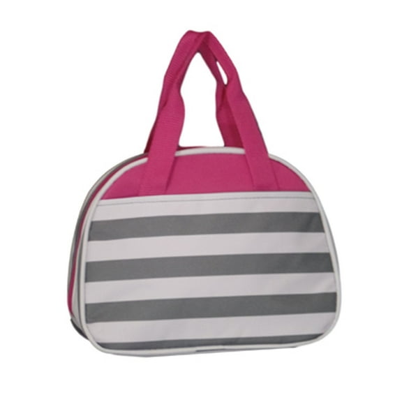 Fashion Print Insulated Water Resistant Round Small Lunch Cooler or Cosmetic Tote Bag Grey Stripe with Pink Trim
