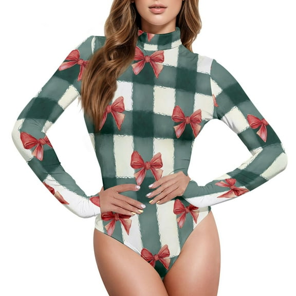 joogoo Bows Checkered Christmas Women's Mock Turtle Neck Long Sleeve Bodysuit L