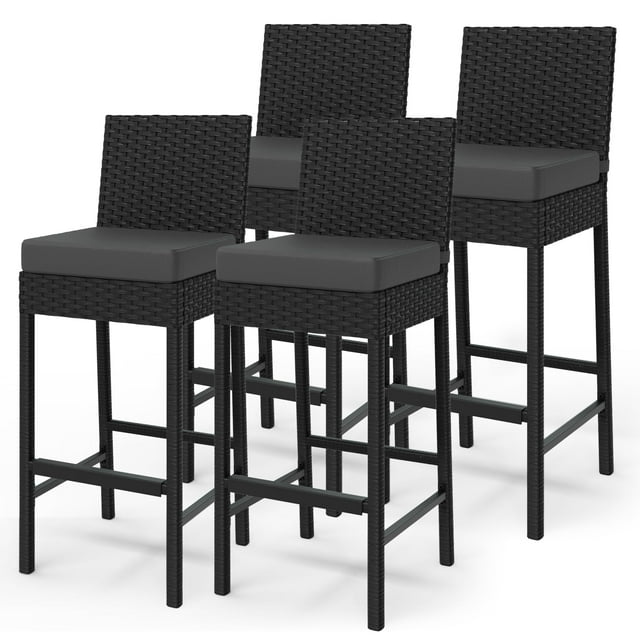 QinaQin Set de 4 bancos altos de ratán tejido para exterior, con cojines suaves y diseño sin brazos, ideales para patio, terraza o barra al aire libre
