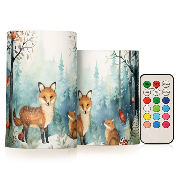 Foxes Trees Forest Flowers Flameless Candles LED Lights Battery Operated Candles with Remote and Timers Flicker Lights Votive Set of 2