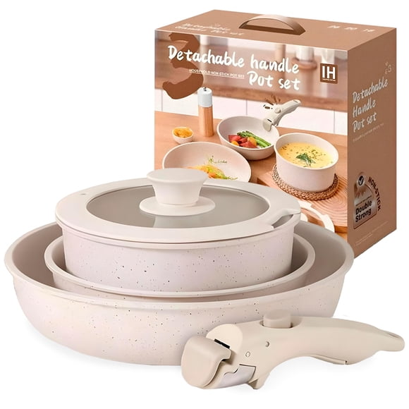 BEE VIBES Sartenes de Ceramica Y Olla Con Mango Removible, Sartenes Antiadherentes, Bateria De Cocina Vajilla Con Tecnología De Granito Gris Libre De PFOA Apto Para Lavaplatos Y Horno
