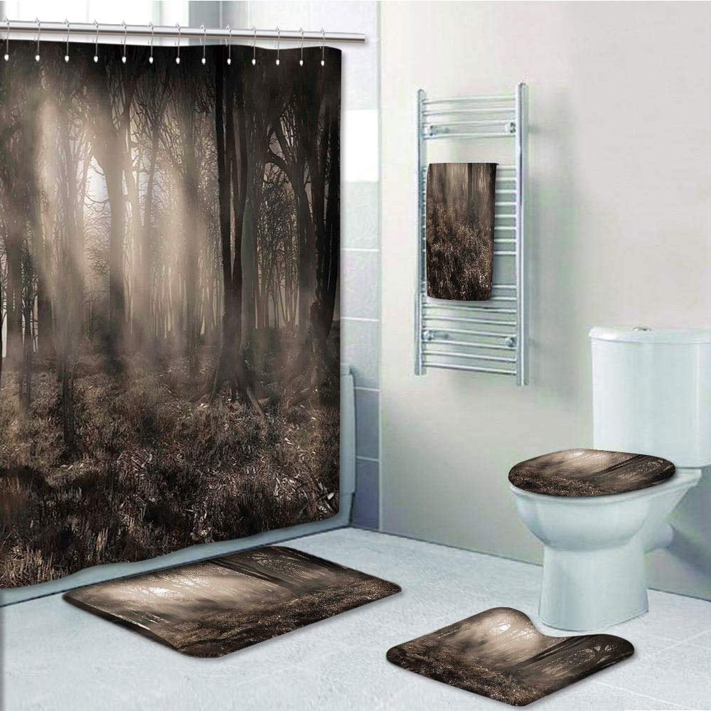 Forest Creek Brown Deer Shower Curtain Bath Mat Toilet Cover Rug Bathroom Decor 