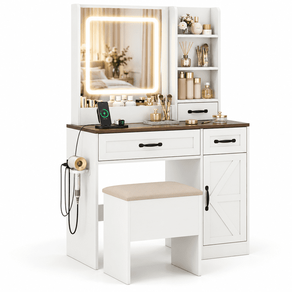 Furnibear Vanity Desk with Mirror and Lights, Farmhouse Makeup Dressing Table with Charging Station, Drawers and Cushioned Stool, White