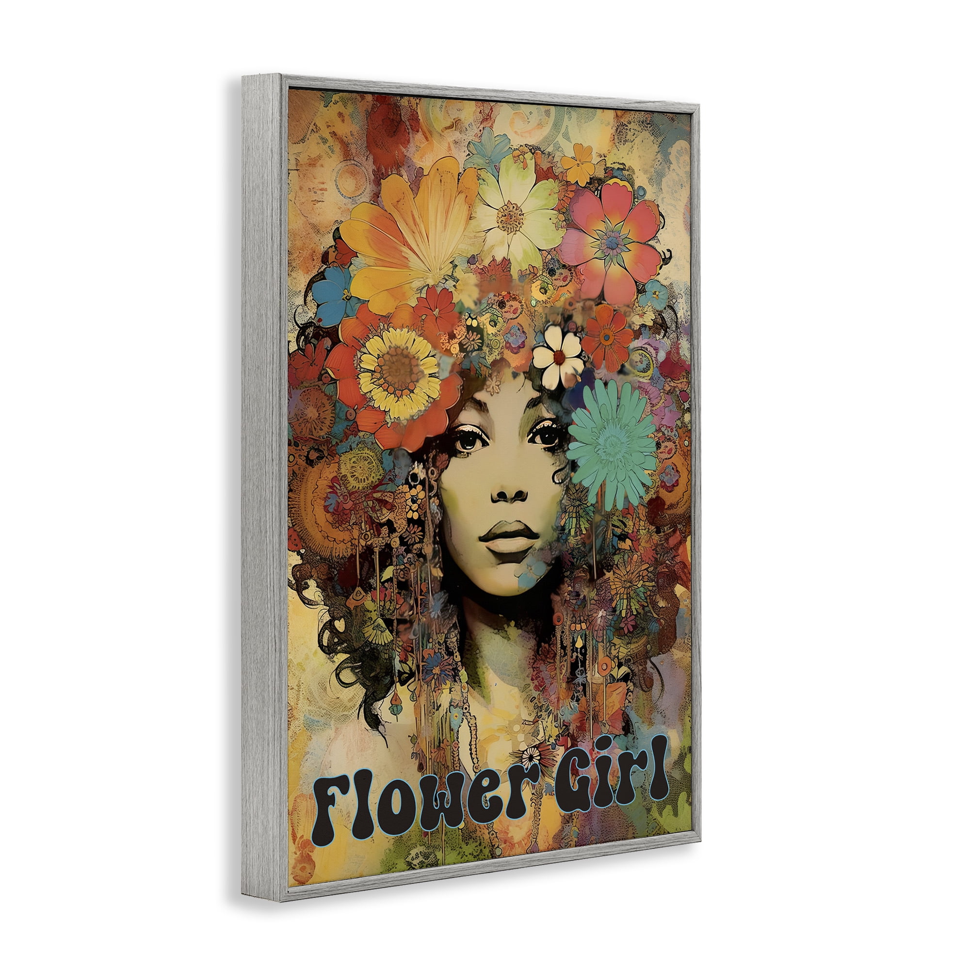 Bohemian Flower Girl Gray Framed Giclee Art, design by Sasha