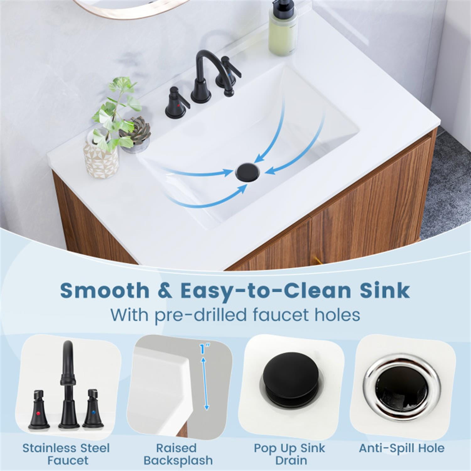 Demi Bonn 31" Bathroom Vanity Sink Combo with Doors and Open Shelf for Small Space, Walnut