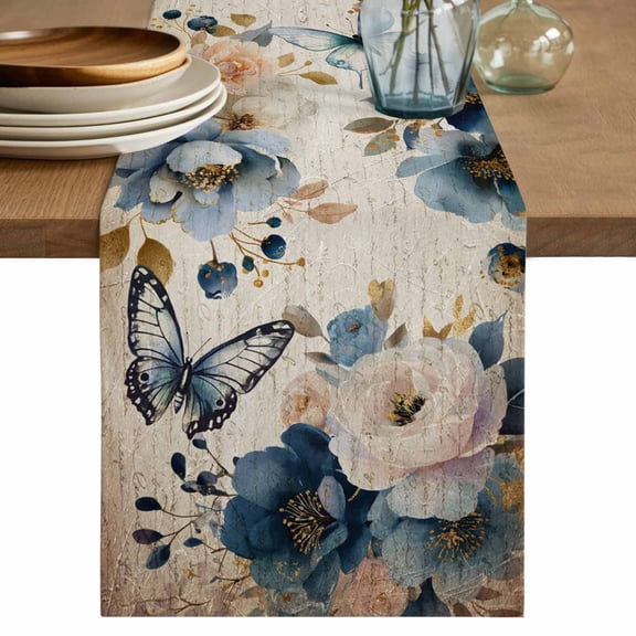 Table Runner 60 Inches Long for Kitchen Dining, Vintage Blue Floral Dresser Scarf Farmhouse, Dining Table Decorations for Wedding/Parties, Butterflies Watercolor Flower Tan 13 x 60 In