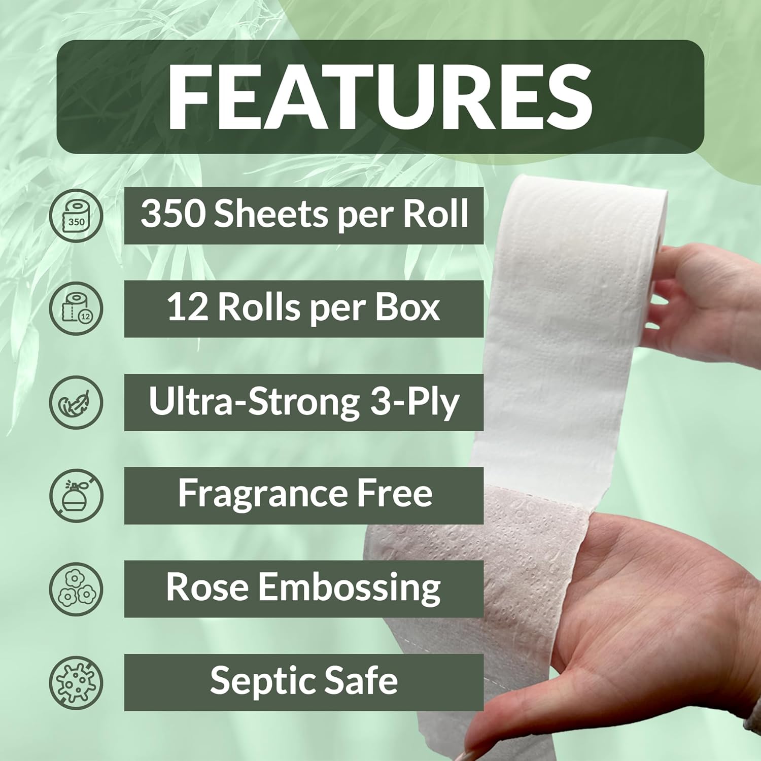 Bamboo (12 Jumbo Rolls) | 3 Ply (350 Sheets/Roll) Bathroom Tissue | Organic Bath Tissue | Bamboo Chemical Free Rolls (4200 Sheets Total)