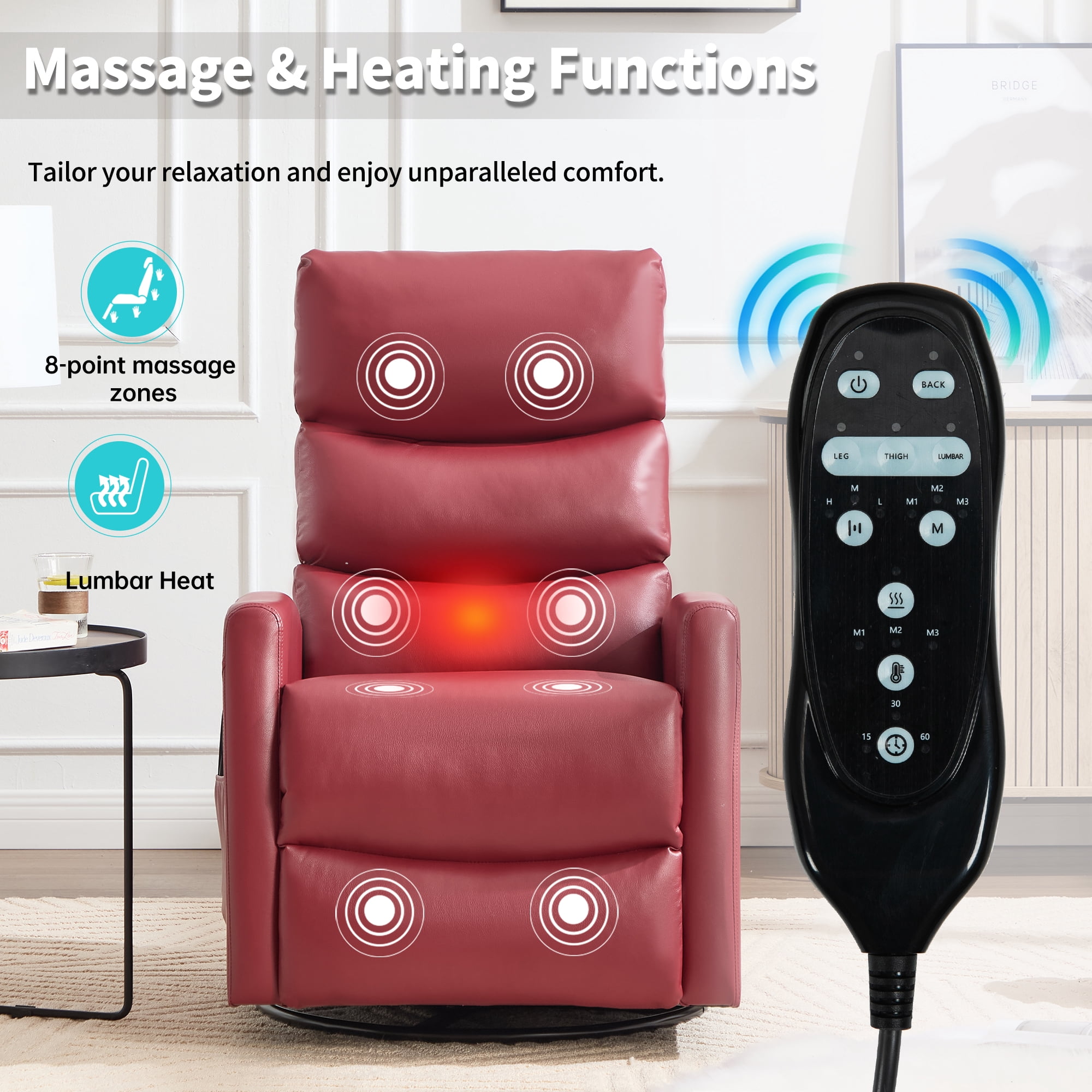 Aukfa 360° Swivel Recliner Rocking Chair with Massage and Heat for Living Room & Nursery, Leather, Red