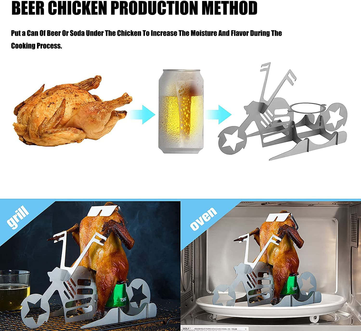 Greyish white Stainless Steel Beer Chicken Roaster American Motorcycle BBQ Chicken Holder Portable Beer Can Chicken Stand for Grill With Small Grill Iron Brush Easy to disassemble and assemble 
