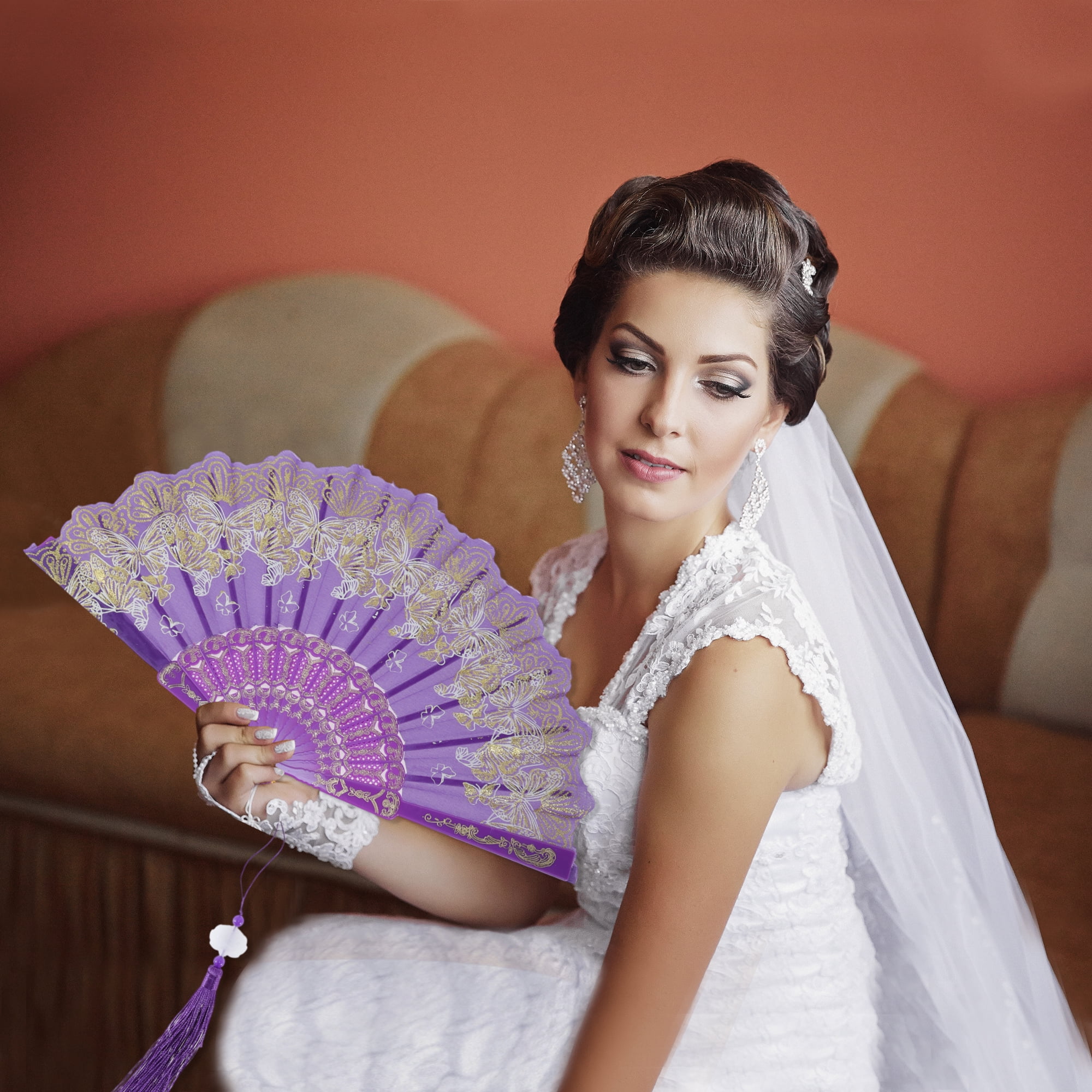 Unique Bargains Elegant Butterfly With Tassel Folding Fan 1PC Purple